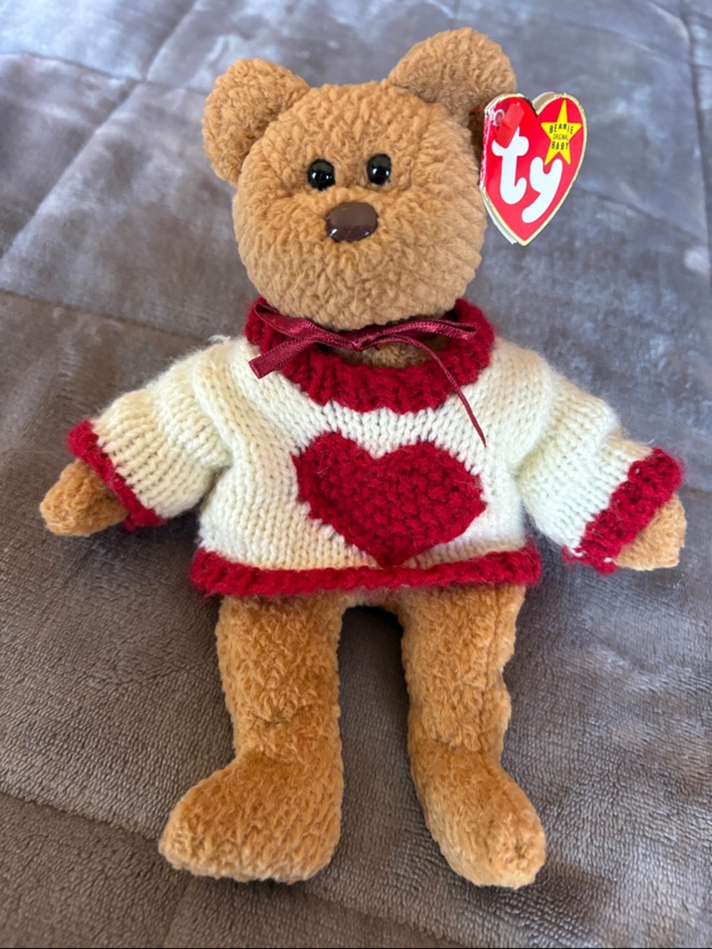 Ty Plush Bear in Cream Sweater with Red Heart